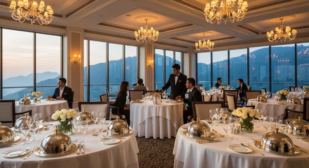 Upscale fine dining restaurant with panoramic mountain views at Pearl Continental Bhurban