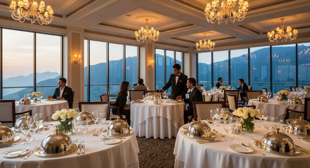 Upscale fine dining restaurant with panoramic mountain views at Pearl Continental Bhurban