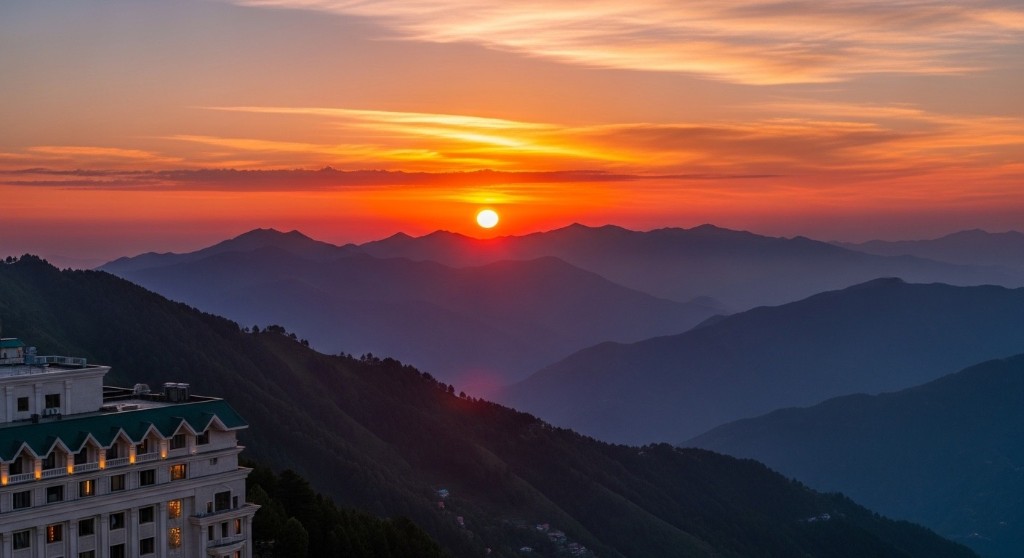 Sunset over the mountain ranges of Bhurban Murree with a luxury resort on the hillside