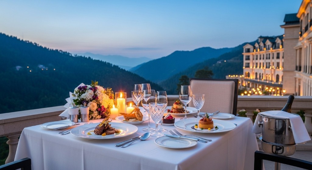 Luxury outdoor dining on a terrace overlooking the scenic mountain valley of Bhurban Murree at dusk